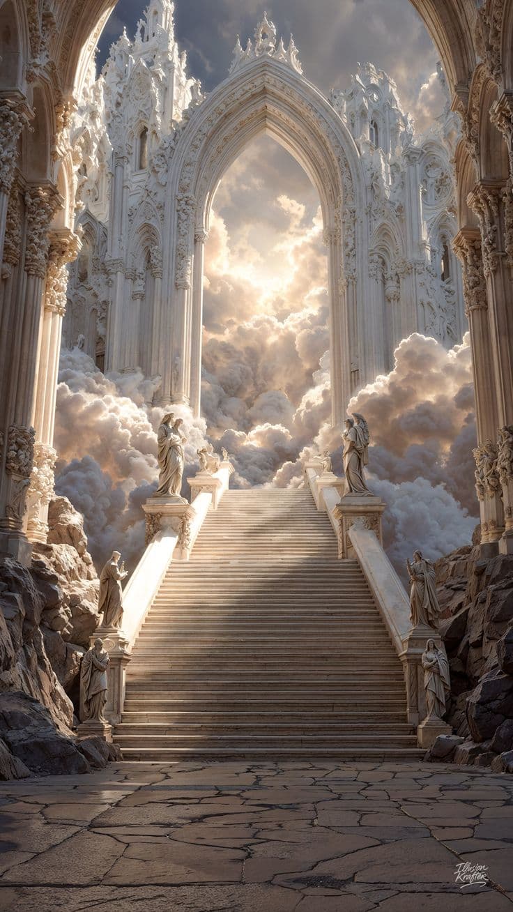 Catedral celestial cercada de luz e nuvens