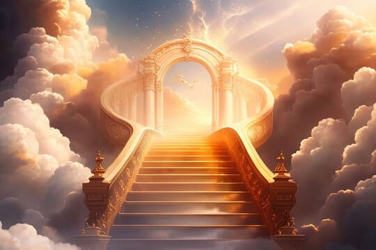 Escadaria dourada em direção a um portal de luz