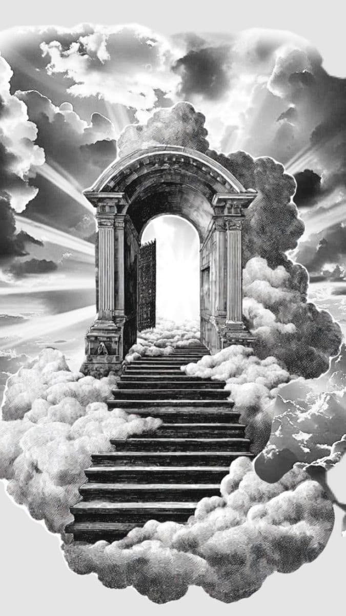 Ilustração de um portal e escadaria entre nuvens